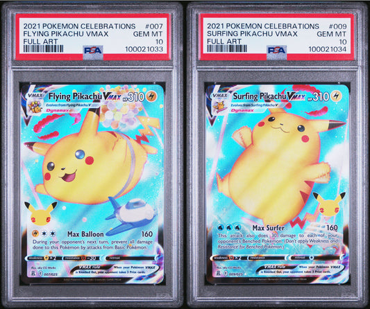 PSA 10 - Flying Pikachu VMAX 007/025 & Surfing Pikachu VMAX 009/025 Sequential